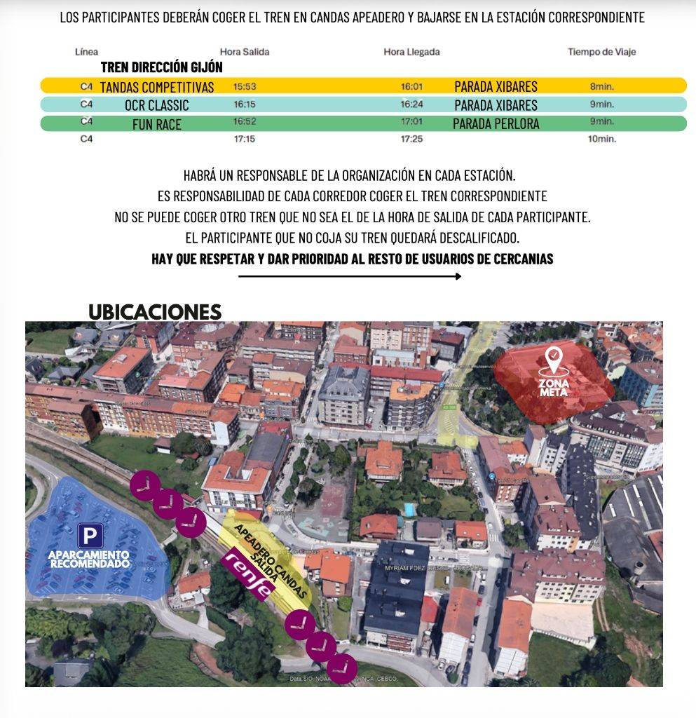 Mapa de ubicaciones: Apeadero Candás, Zona Meta y Aparcamiento Recomendado